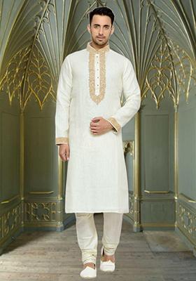 Cream Embroidered Cotton Kurta Set For Men