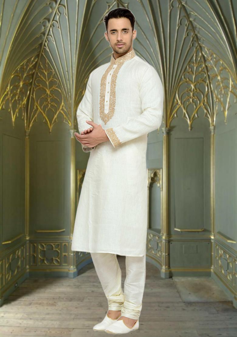 Cream Embroidered Cotton Kurta Set For Men