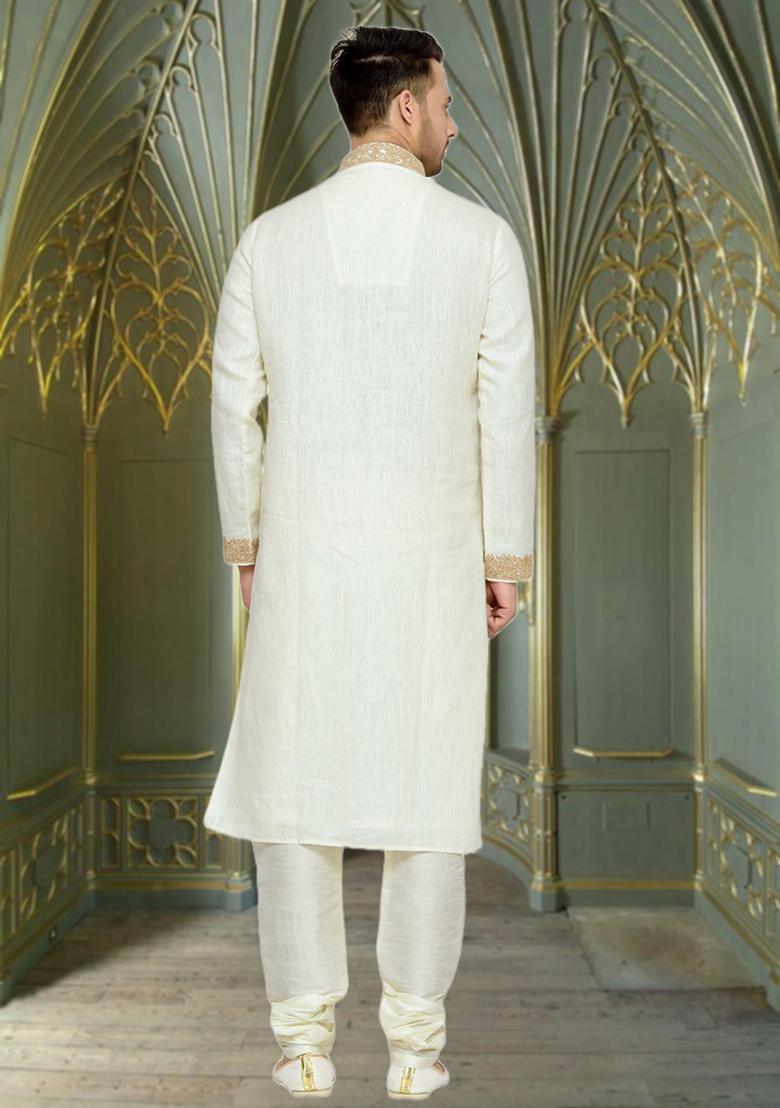 Cream Embroidered Cotton Kurta Set For Men