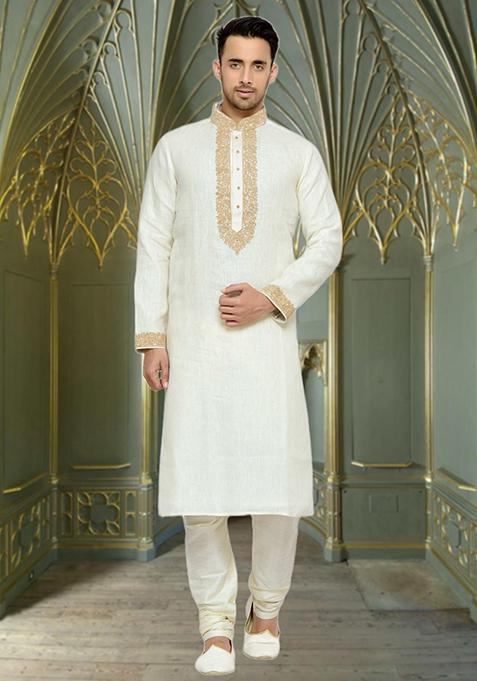 Cream Embroidered Cotton Kurta Set For Men