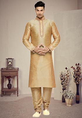 Gold Embroidered Silk Kurta Set For Men