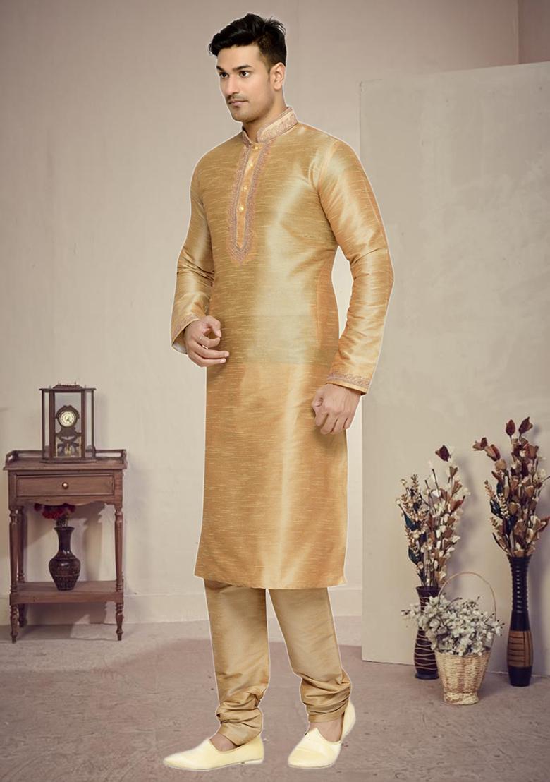 Gold Embroidered Silk Kurta Set For Men