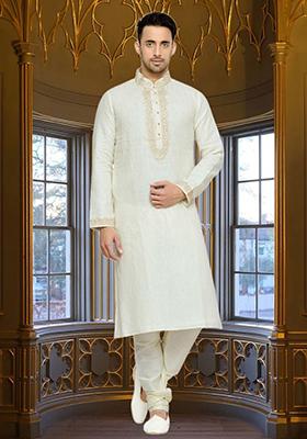 Cream Embroidered Cotton Kurta Set For Men