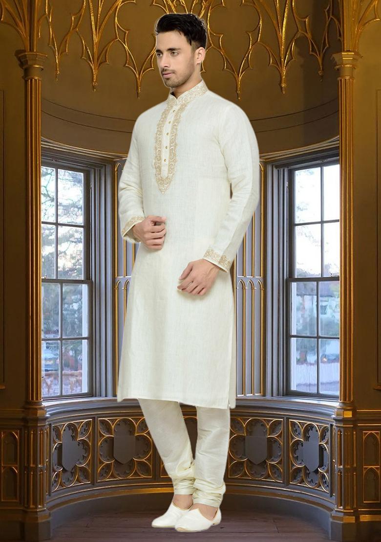 Cream Embroidered Cotton Kurta Set For Men