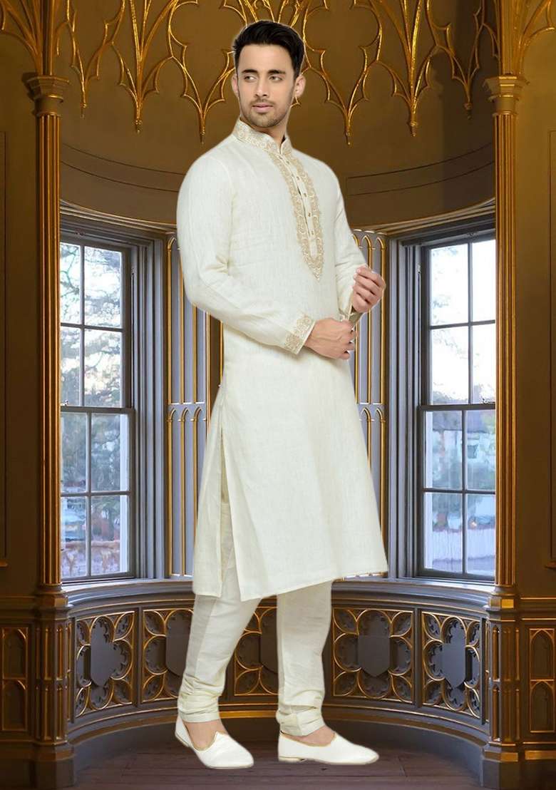Cream Embroidered Cotton Kurta Set For Men - Indya