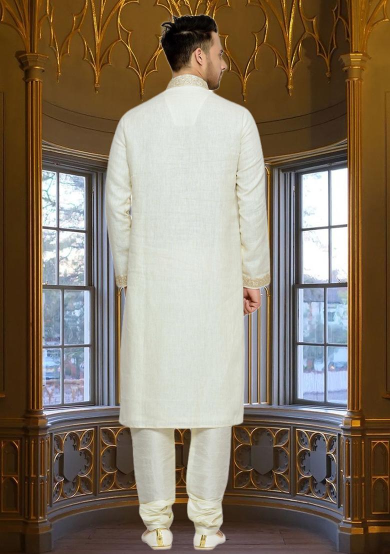 Cream Embroidered Cotton Kurta Set For Men