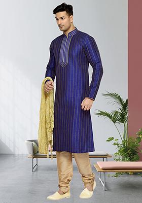 Blue Embroidered Silk Kurta Set For Men