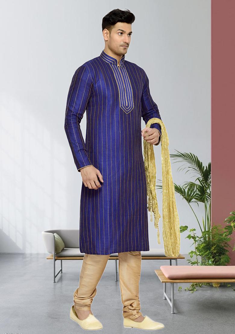 Blue Embroidered Silk Kurta Set For Men