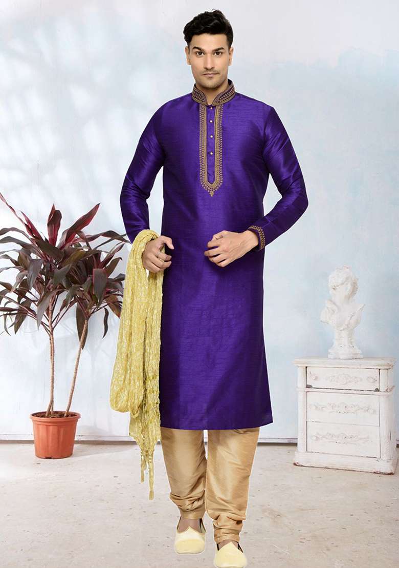 Purple Embroidered Silk Blend Kurta Set For Men - Indya