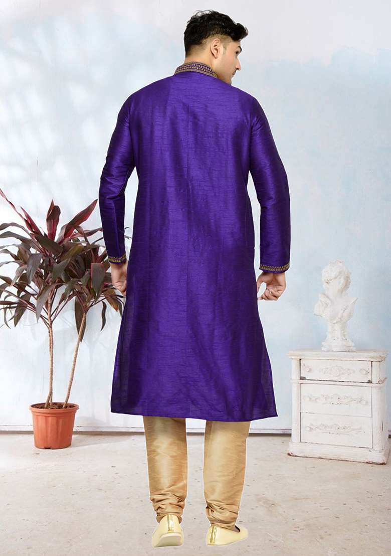 Purple Embroidered Silk Blend Kurta Set For Men - Indya