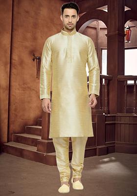Fawn Yellow Embroidered Silk Kurta Set For Men