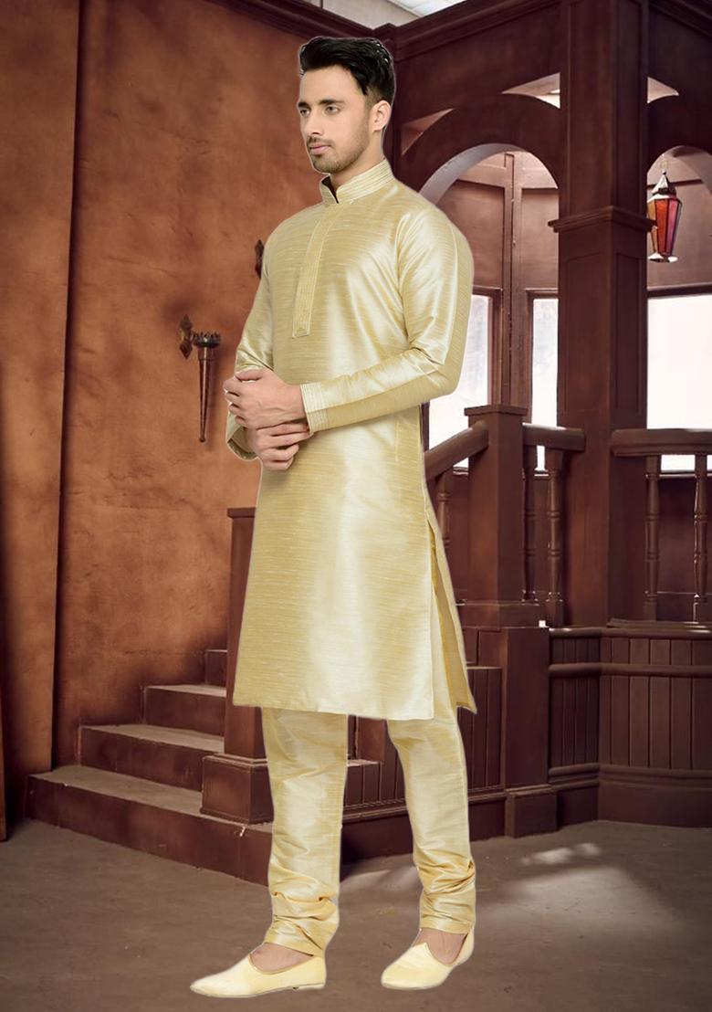 Fawn Yellow Embroidered Silk Kurta Set For Men