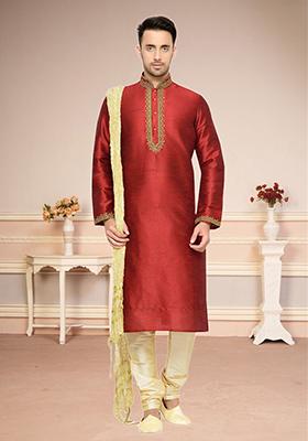 Maroon Embroidered Silk Kurta Set For Men