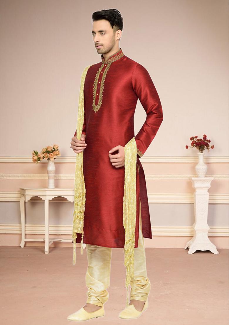 Maroon Embroidered Silk Kurta Set For Men