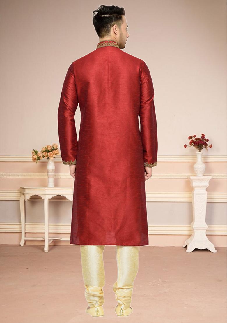 Maroon Embroidered Silk Kurta Set For Men