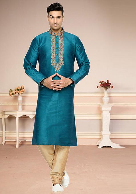 Ramagreen Embroidered Silk Kurta Set For Men