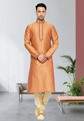 Chiku Brown Embroidered Silk Kurta Set For Men