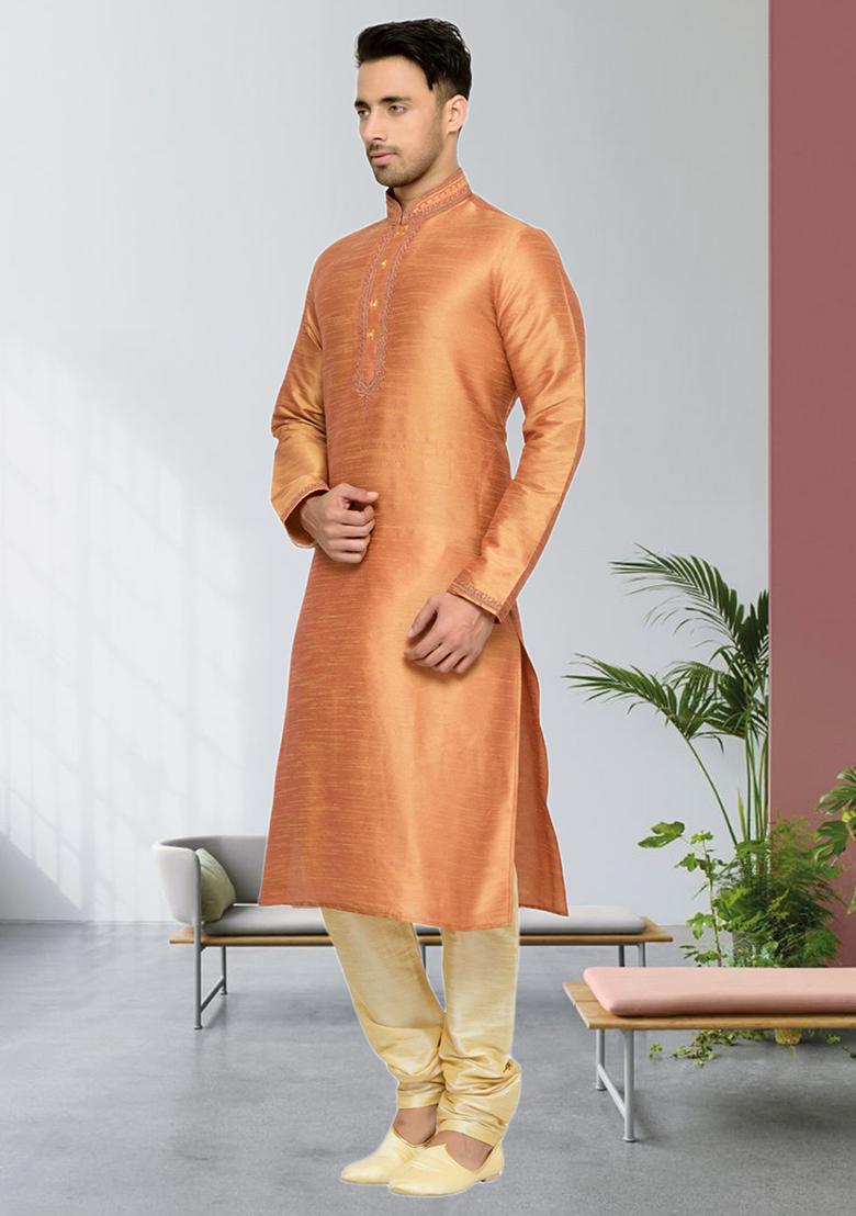 Chiku Brown Embroidered Silk Kurta Set For Men