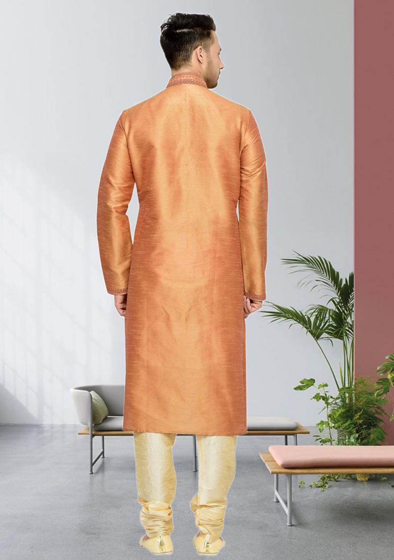 Chiku Brown Embroidered Silk Kurta Set For Men