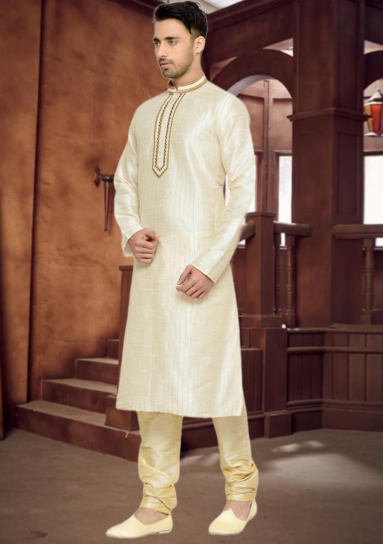 Cream Embroidered Silk Kurta Set For Men
