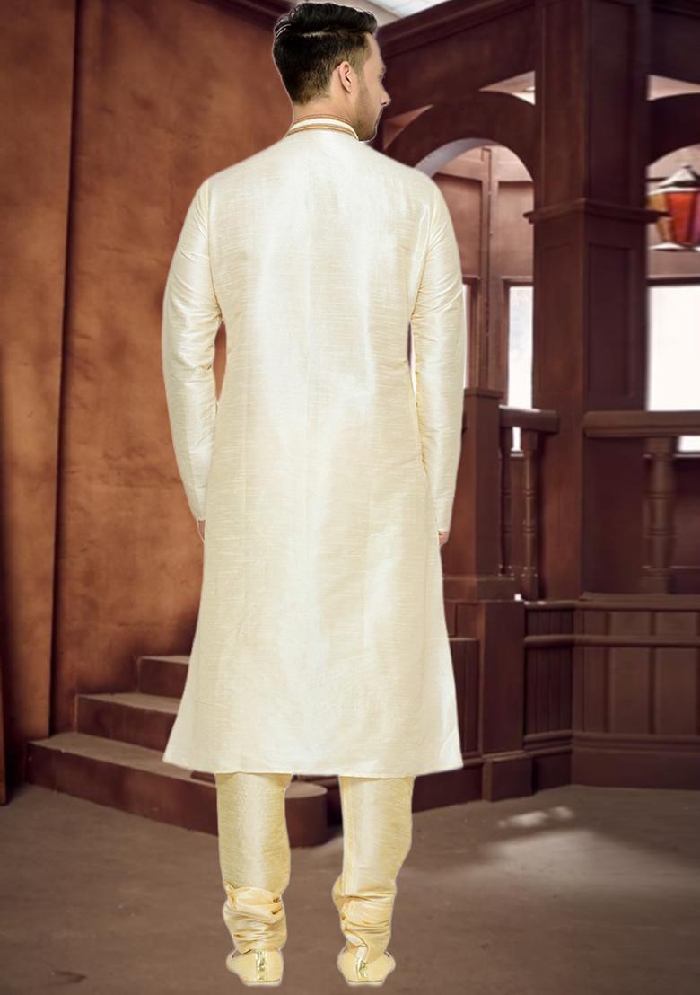 Cream Embroidered Silk Kurta Set For Men