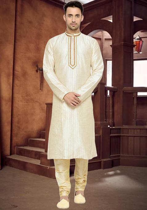 Cream Embroidered Silk Kurta Set For Men