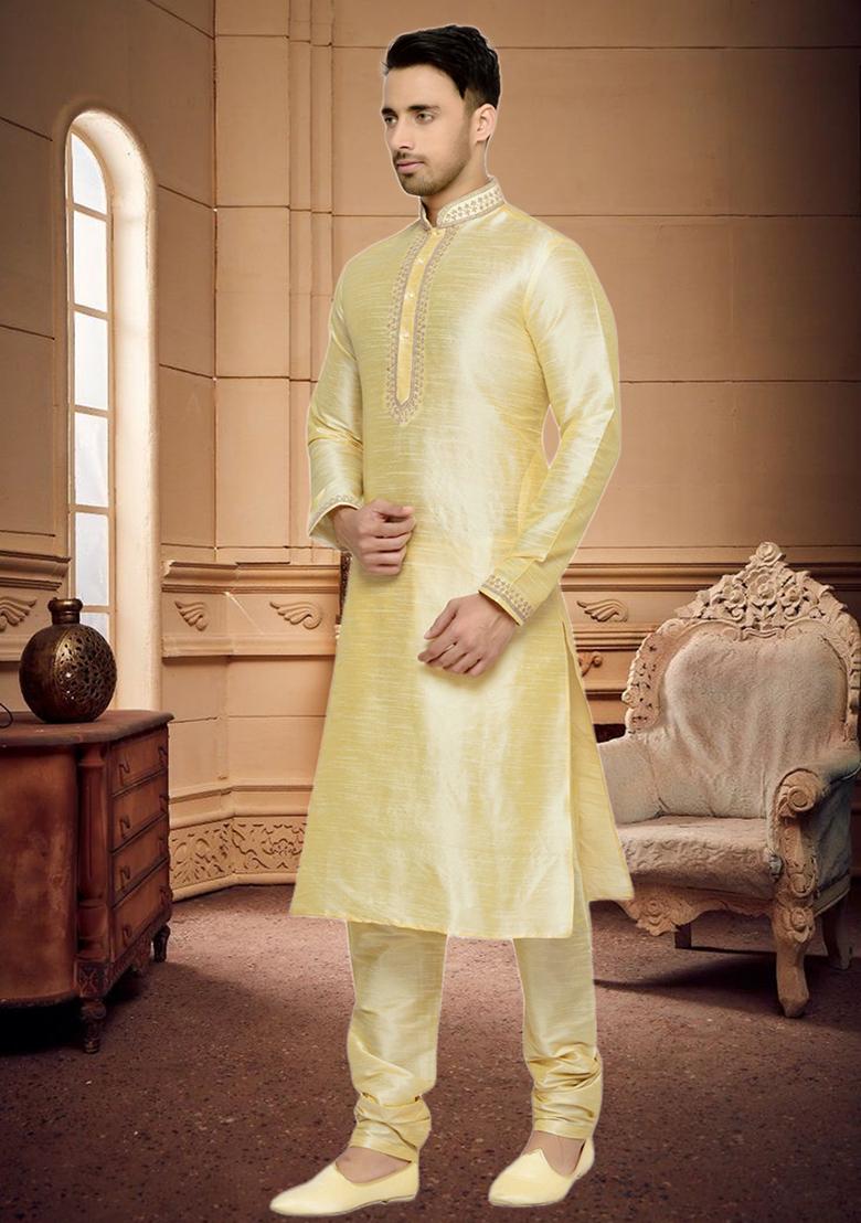Fawn Yellow Embroidered Silk Kurta Set For Men