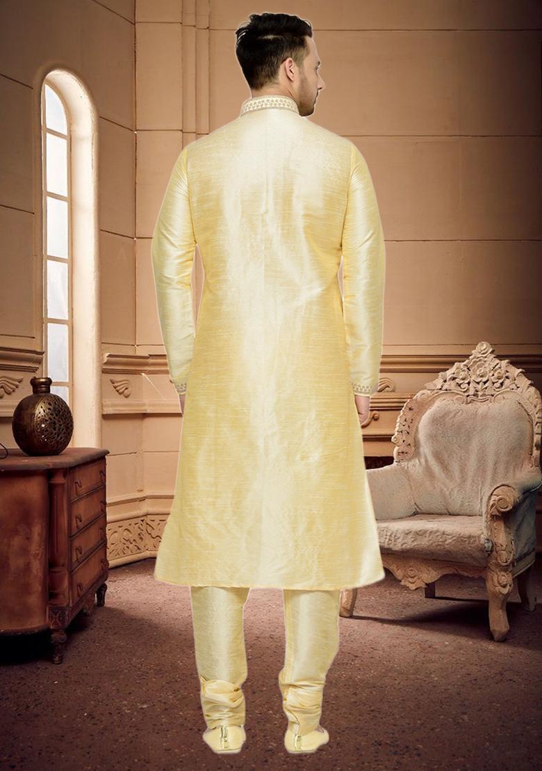 Fawn Yellow Embroidered Silk Kurta Set For Men