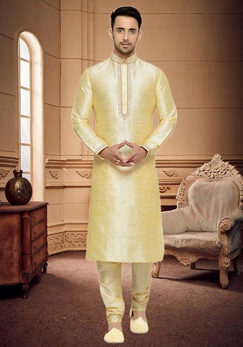 Fawn Yellow Embroidered Silk Kurta Set For Men