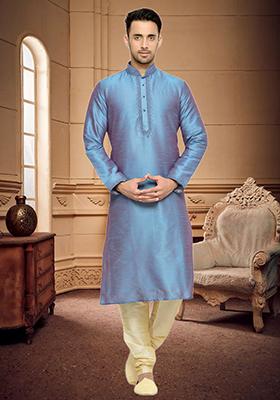 Sky Blue Embroidered Silk Kurta Set For Men