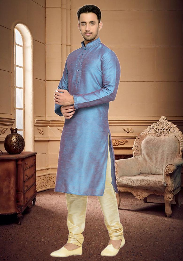 Sky Blue Embroidered Silk Kurta Set For Men