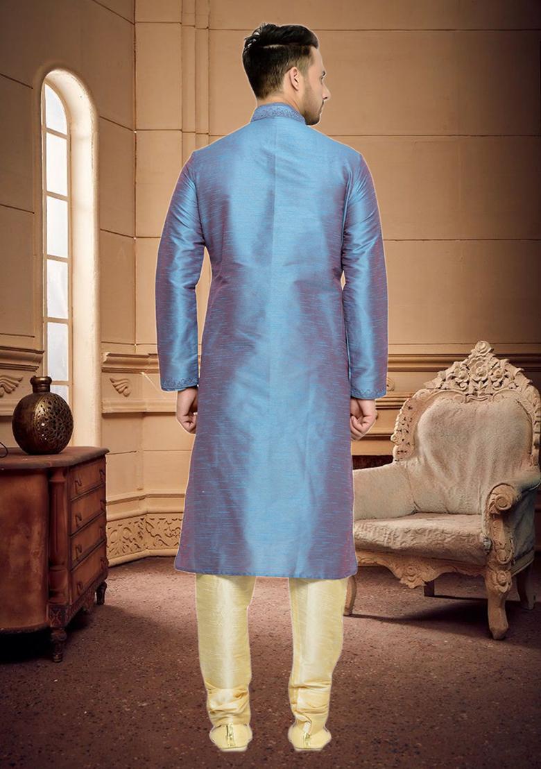 Sky Blue Embroidered Silk Kurta Set For Men