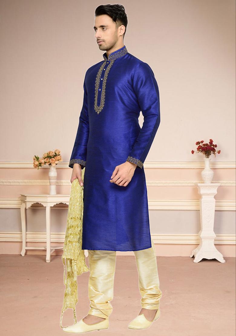 Blue Embroidered Silk Kurta Set For Men