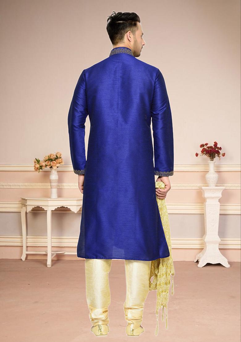 Blue Embroidered Silk Kurta Set For Men
