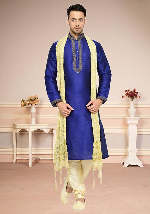Blue Embroidered Silk Kurta Set For Men