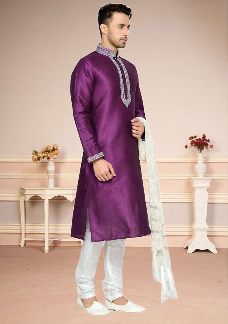 Deep Pink Embroidered Silk Blend Kurta Set For Men - Indya