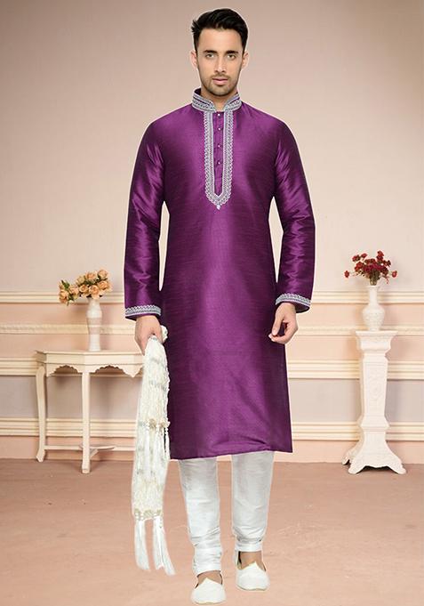 Deep Pink Embroidered Silk Kurta Set For Men
