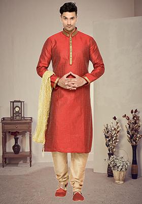 Red Embroidered Silk Kurta Set For Men