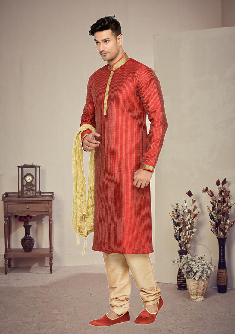 Red Embroidered Silk Kurta Set For Men