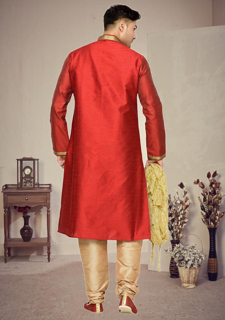 Red Embroidered Silk Kurta Set For Men