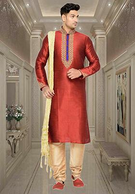 Maroon Embroidered Silk Kurta Set For Men