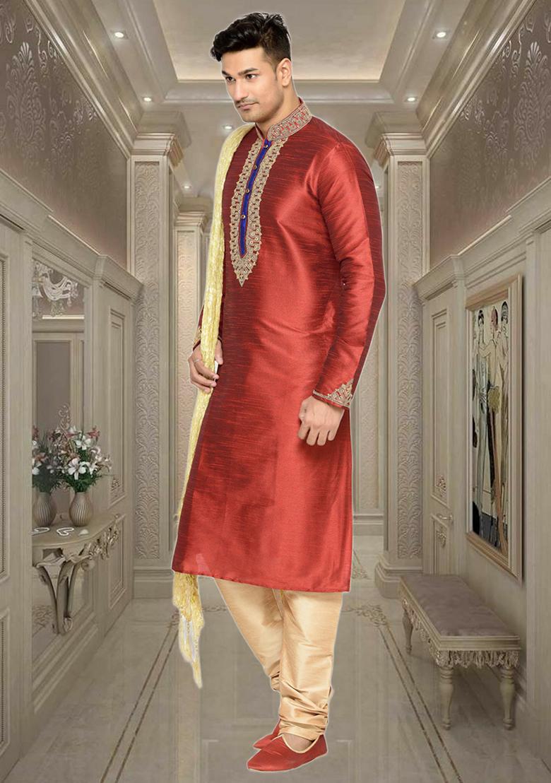 Maroon Embroidered Silk Kurta Set For Men