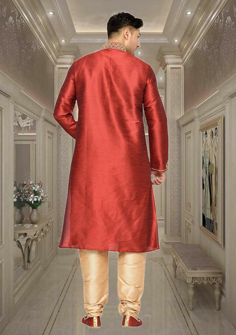 Maroon Embroidered Silk Kurta Set For Men