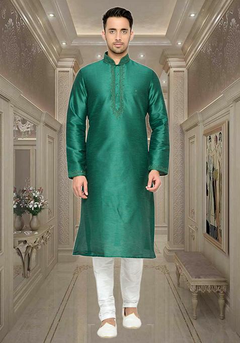Green Embroidered Silk Kurta Set For Men
