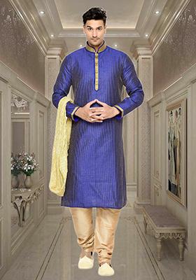 Purple Embroidered Silk Kurta Set For Men