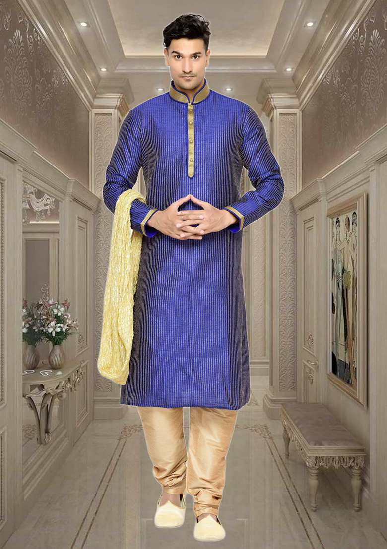 Purple Embroidered Silk Blend Kurta Set For Men - Indya
