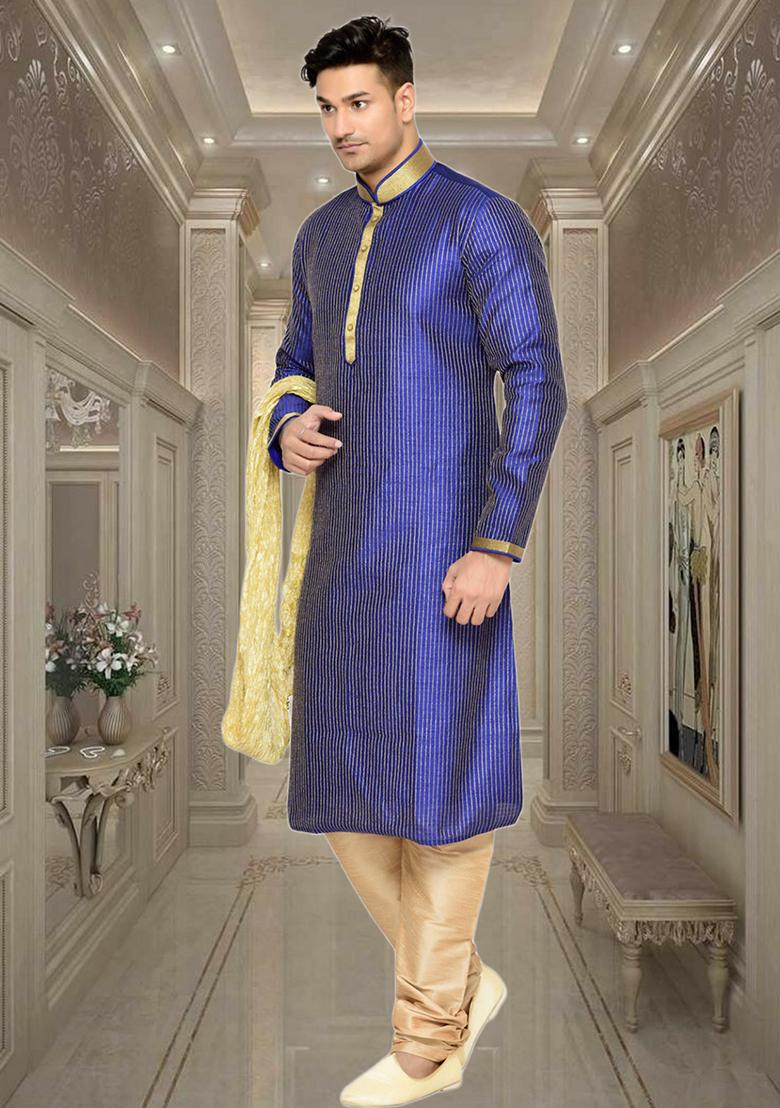 Purple Embroidered Silk Kurta Set For Men