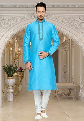Firozi Blue Embroidered Silk Kurta Set For Men