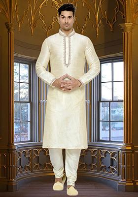 Fawn Yellow Embroidered Silk Kurta Set For Men