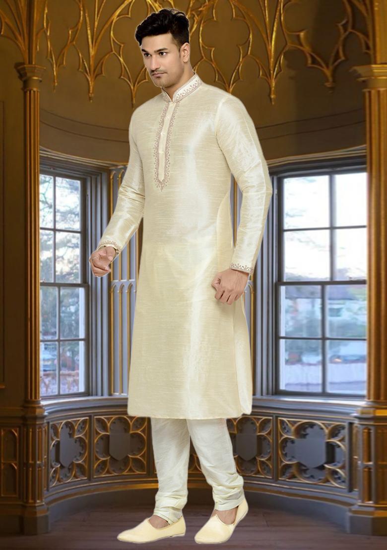 Fawn Yellow Embroidered Silk Kurta Set For Men
